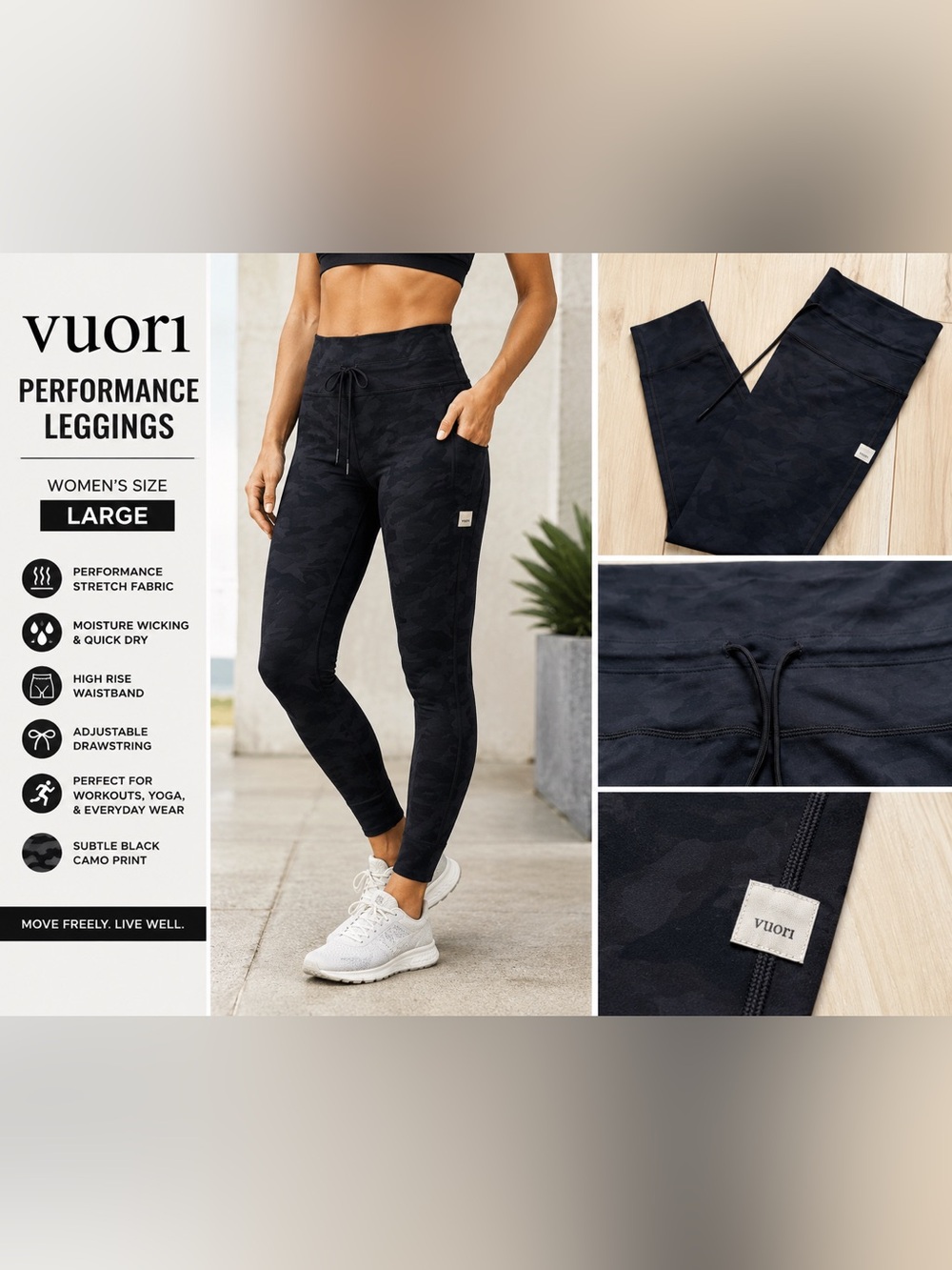 Vuori Black Camo Performance Leggings Women’s Large Drawstring Athletic Yoga